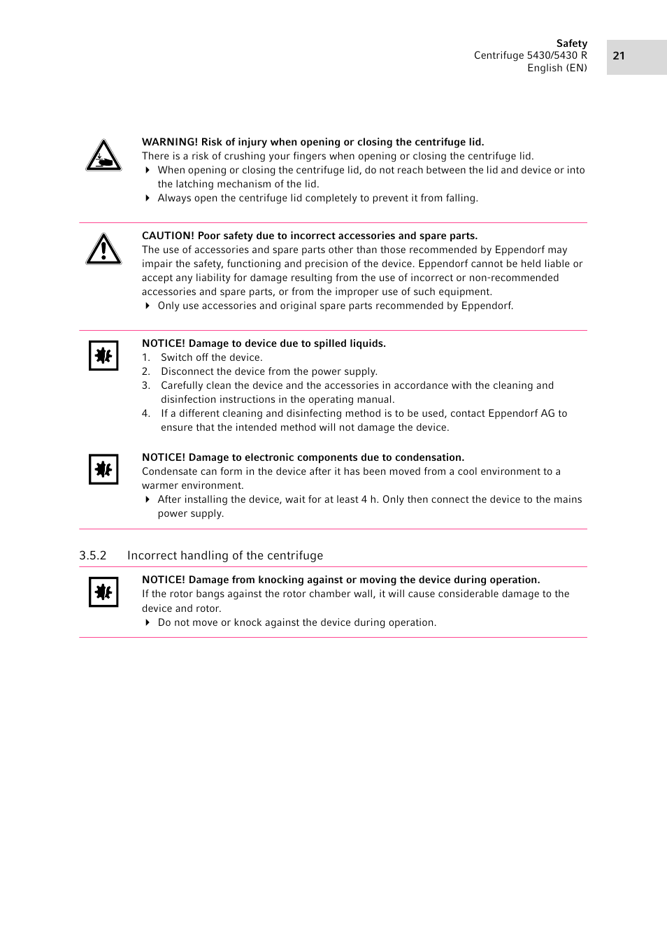 2 incorrect handling of the centrifuge, Incorrect handling of the centrifuge | Eppendorf 5430 R Centrifuge User Manual | Page 21 / 130