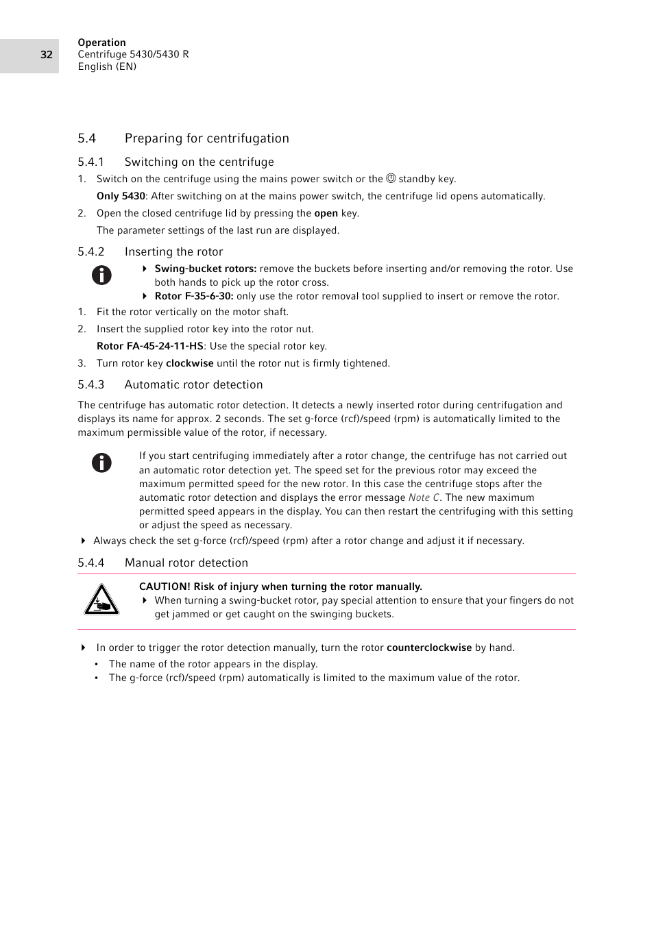 4 preparing for centrifugation, 1 switching on the centrifuge, 2 inserting the rotor | 3 automatic rotor detection, 4 manual rotor detection, Preparing for centrifugation 5.4.1, Switching on the centrifuge, Inserting the rotor, Automatic rotor detection, Manual rotor detection | Eppendorf 5430 R Centrifuge User Manual | Page 32 / 130