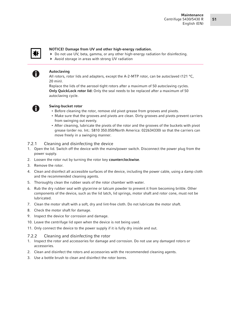 1 cleaning and disinfecting the device, 2 cleaning and disinfecting the rotor, Cleaning and disinfecting the device | Cleaning and disinfecting the rotor | Eppendorf 5430 R Centrifuge User Manual | Page 51 / 130