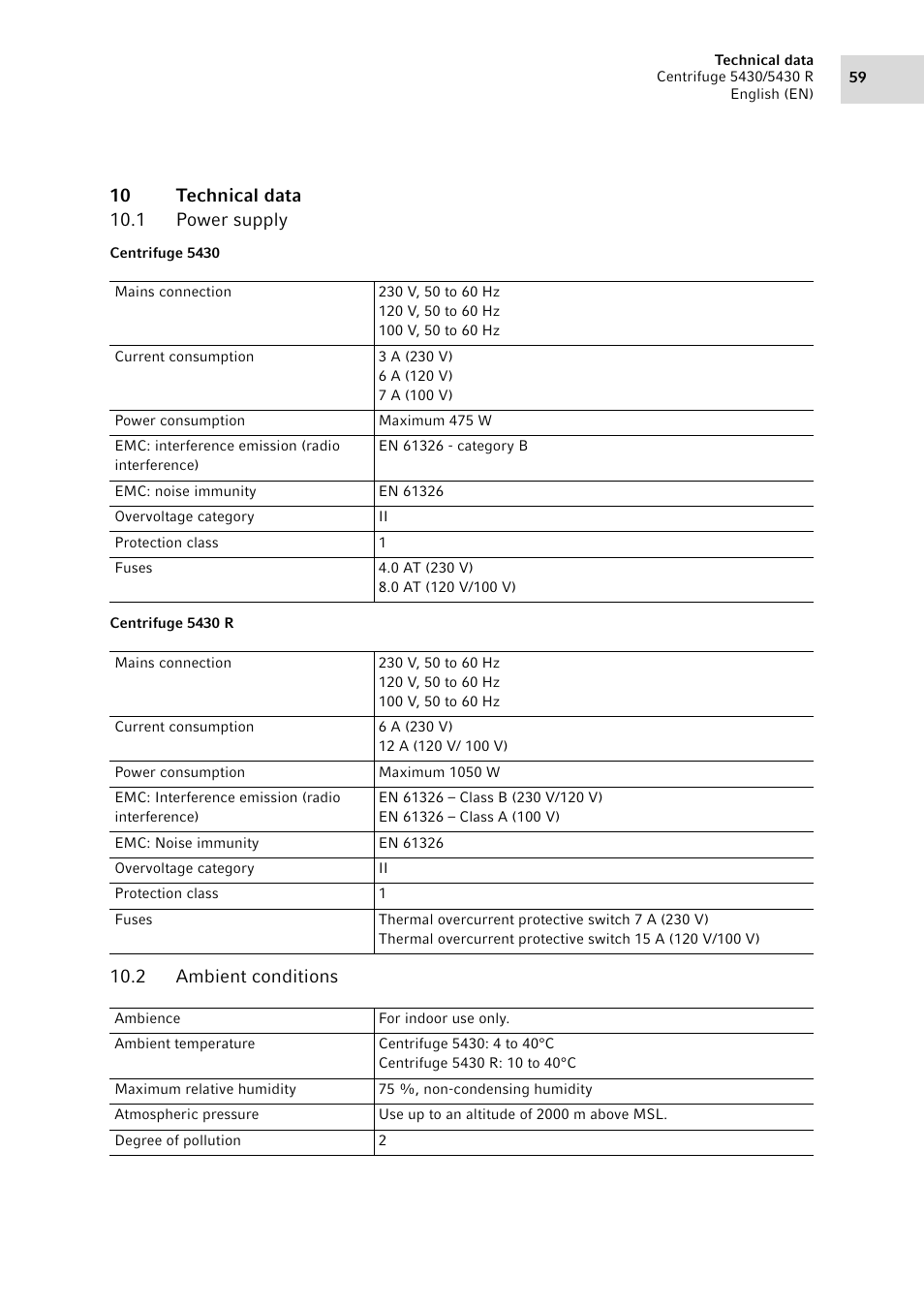 10 technical data, 1 power supply, 2 ambient conditions | Power supply, Ambient conditions | Eppendorf 5430 R Centrifuge User Manual | Page 59 / 130