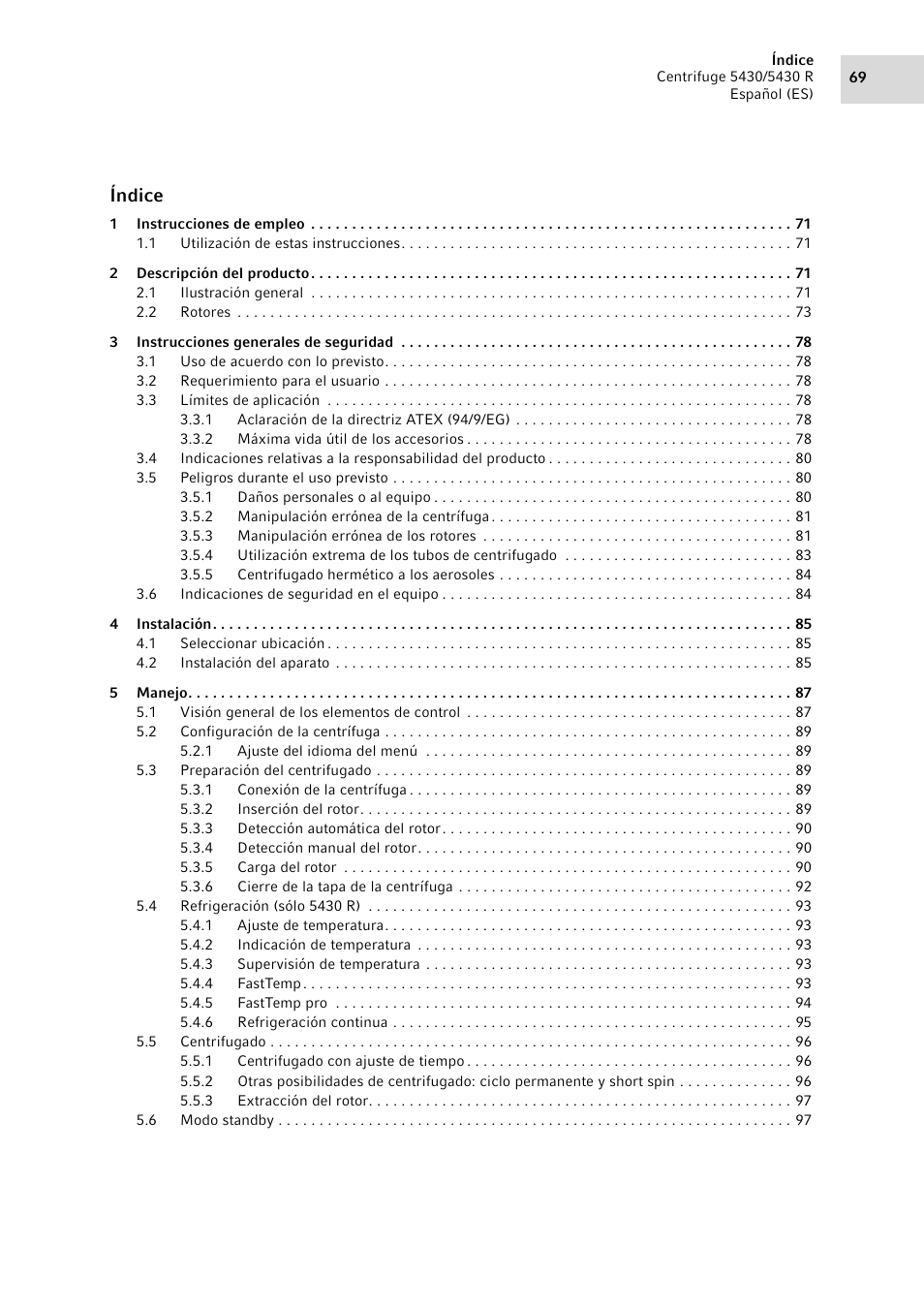 Manual de instrucciones, Índice | Eppendorf 5430 R Centrifuge User Manual | Page 69 / 130