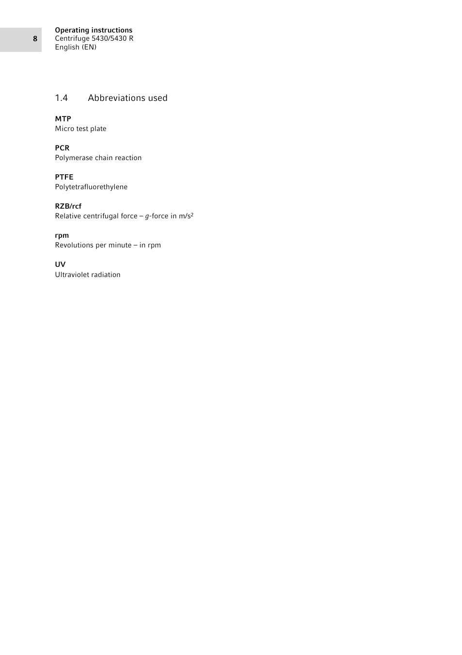 4 abbreviations used, Abbreviations used | Eppendorf 5430 R Centrifuge User Manual | Page 8 / 130