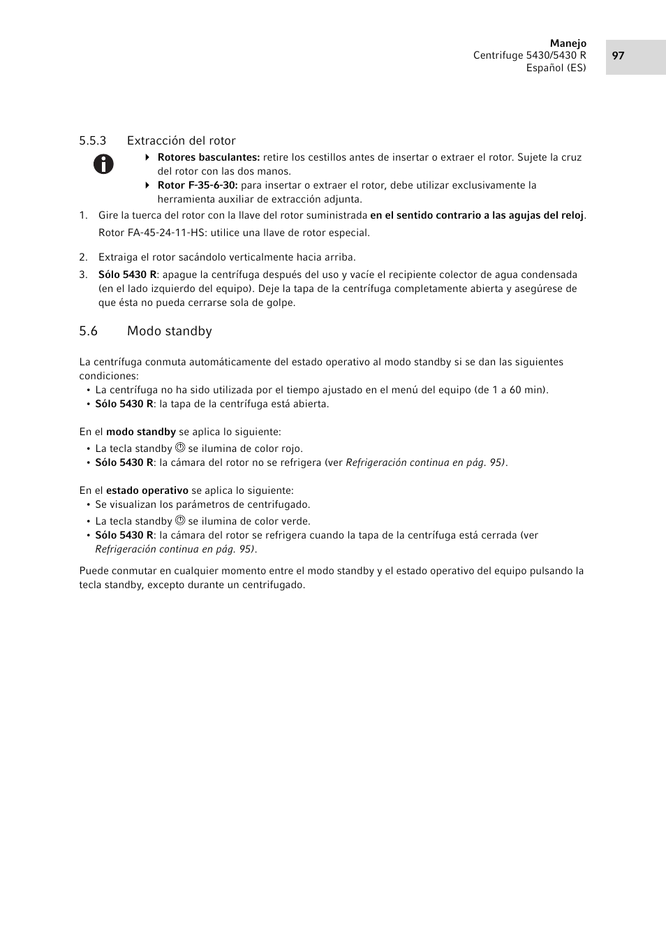 3 extracción del rotor, 6 modo standby, Extracción del rotor | Modo standby | Eppendorf 5430 R Centrifuge User Manual | Page 97 / 130