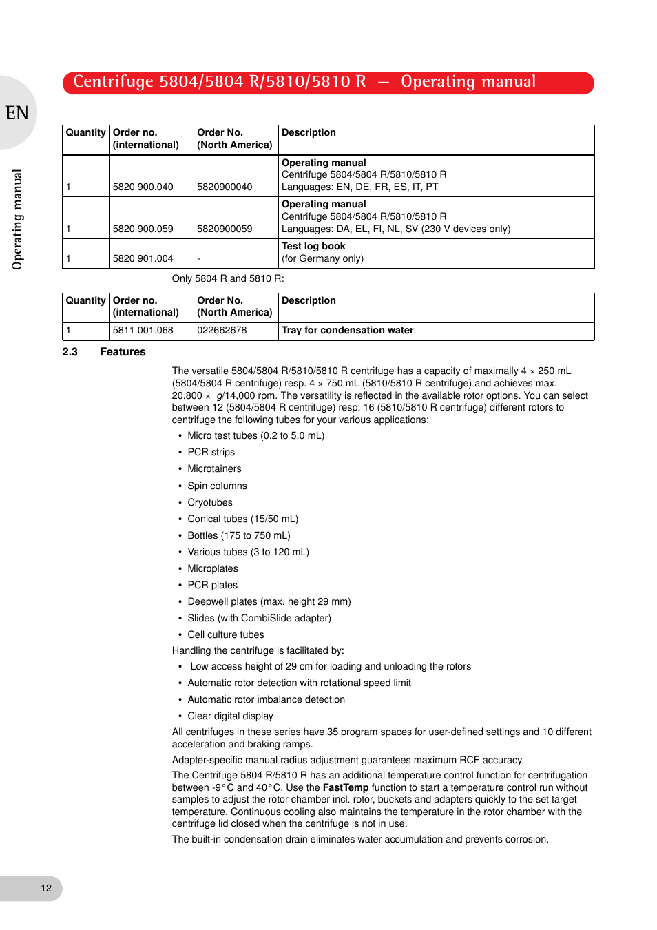 3 features, Operating manual | Eppendorf 5810 R Centrifuge User Manual | Page 12 / 95