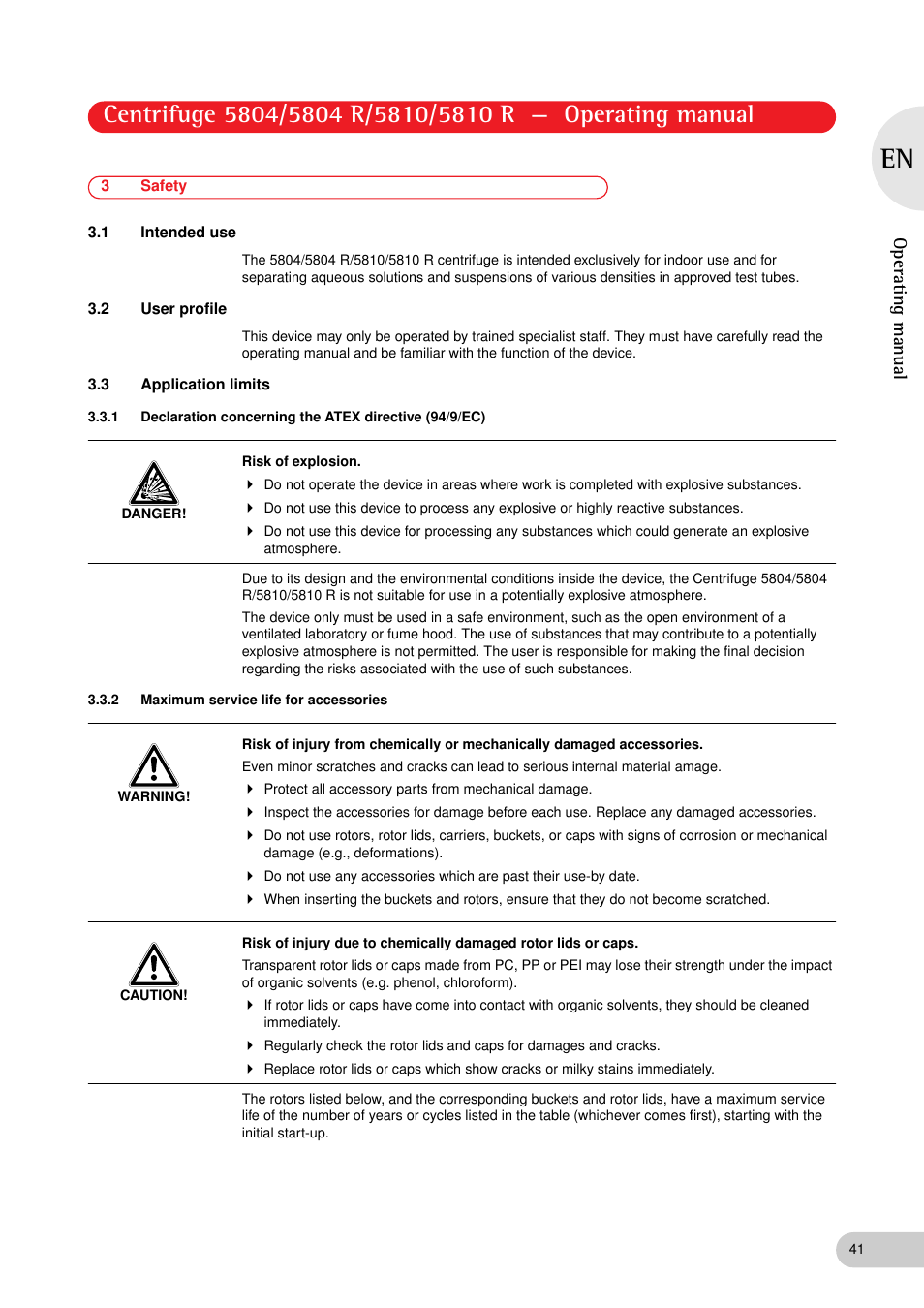 3 safety, 1 intended use, 2 user profile | 3 application limits, 2 maximum service life for accessories, Operating manual | Eppendorf 5810 R Centrifuge User Manual | Page 41 / 95