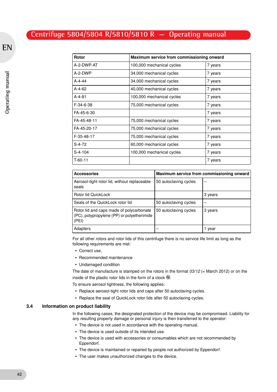 4 information on product liability, Operating manual | Eppendorf 5810 R Centrifuge User Manual | Page 42 / 95