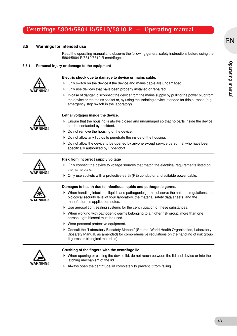 5 warnings for intended use, 1 personal injury or damage to the equipment | Eppendorf 5810 R Centrifuge User Manual | Page 43 / 95