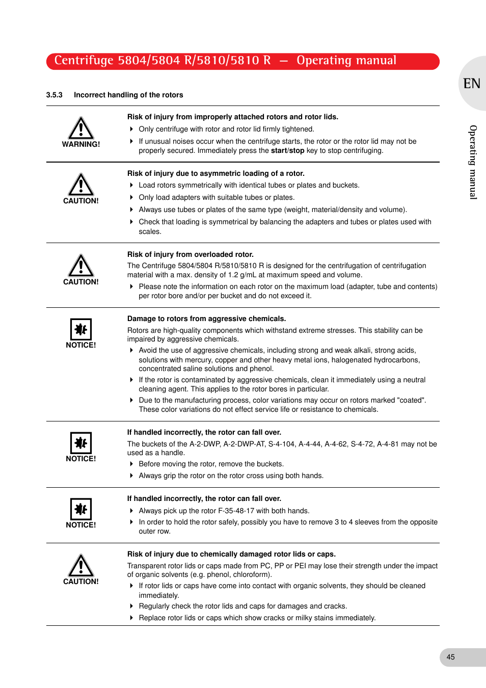 3 incorrect handling of the rotors, Operating manual | Eppendorf 5810 R Centrifuge User Manual | Page 45 / 95