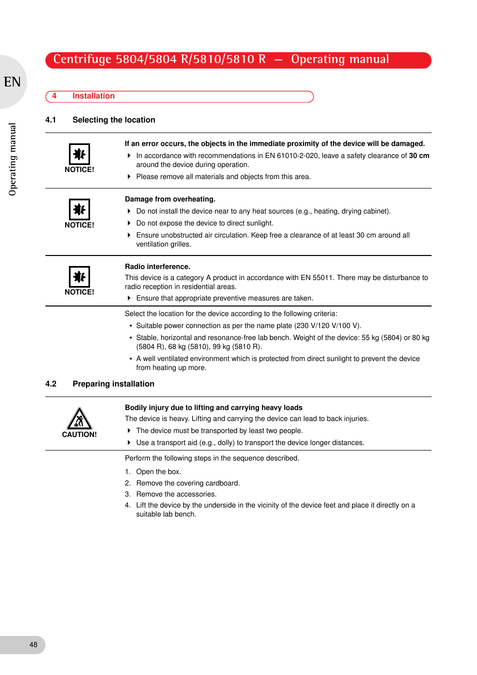 4 installation, 1 selecting the location, 2 preparing installation | Operating manual | Eppendorf 5810 R Centrifuge User Manual | Page 48 / 95