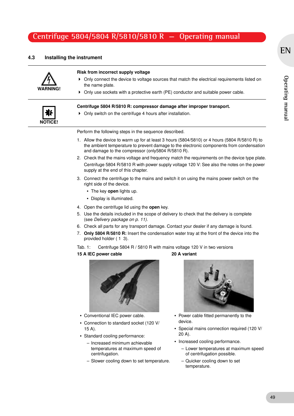 3 installing the instrument, Operating manual | Eppendorf 5810 R Centrifuge User Manual | Page 49 / 95