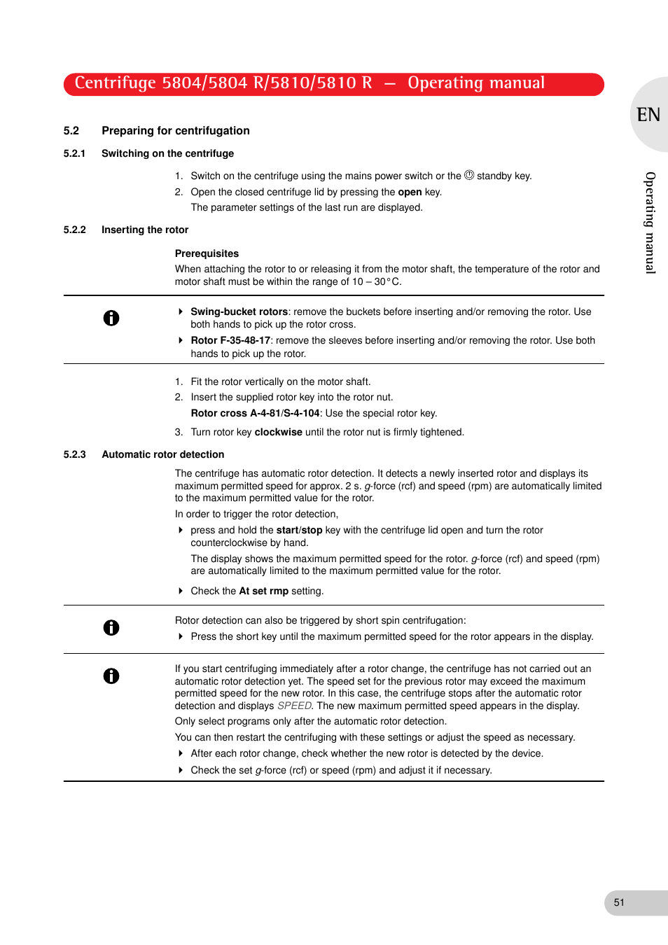 2 preparing for centrifugation, 1 switching on the centrifuge, 2 inserting the rotor | 3 automatic rotor detection, Operating manual | Eppendorf 5810 R Centrifuge User Manual | Page 51 / 95