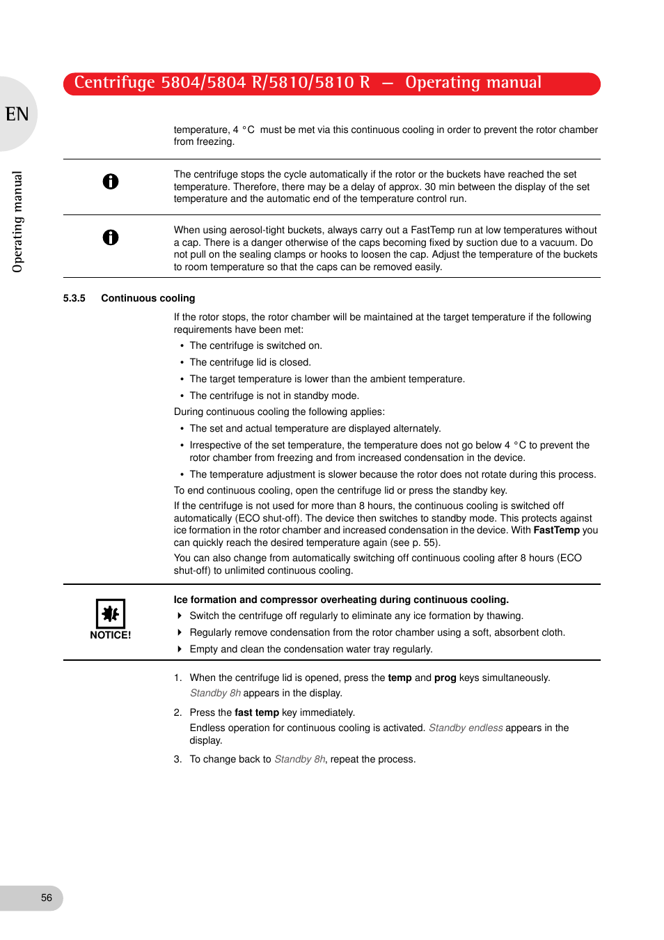 5 continuous cooling, Operating manual | Eppendorf 5810 R Centrifuge User Manual | Page 56 / 95