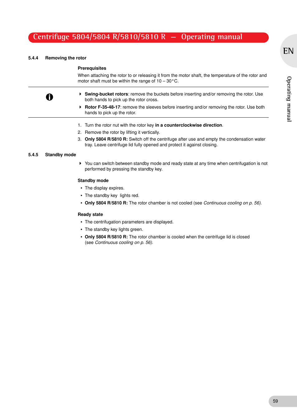4 removing the rotor, 5 standby mode | Eppendorf 5810 R Centrifuge User Manual | Page 59 / 95