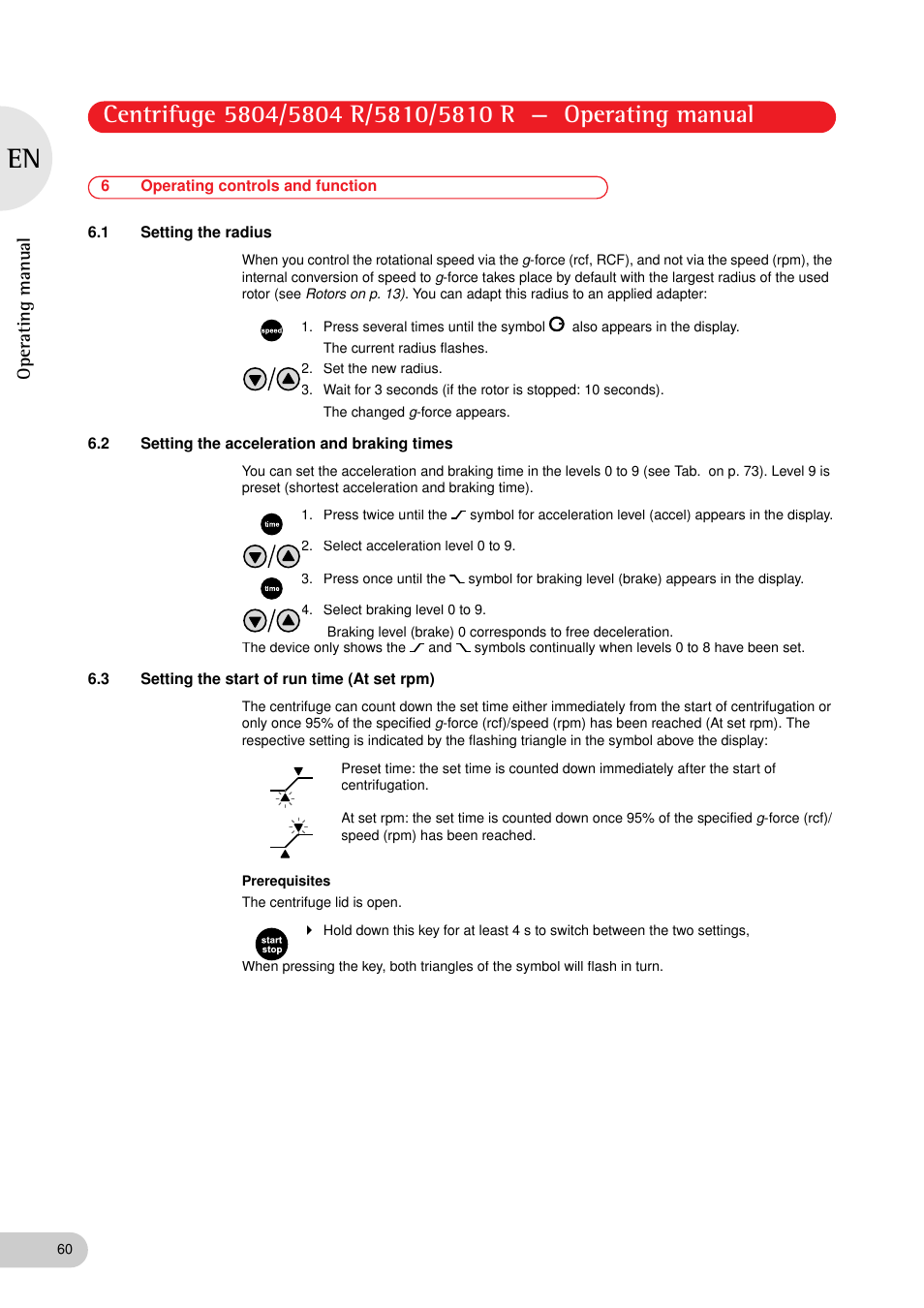 6 operating controls and function, 1 setting the radius, 2 setting the acceleration and braking times | 3 setting the start of run time (at set rpm), Operating manual | Eppendorf 5810 R Centrifuge User Manual | Page 60 / 95