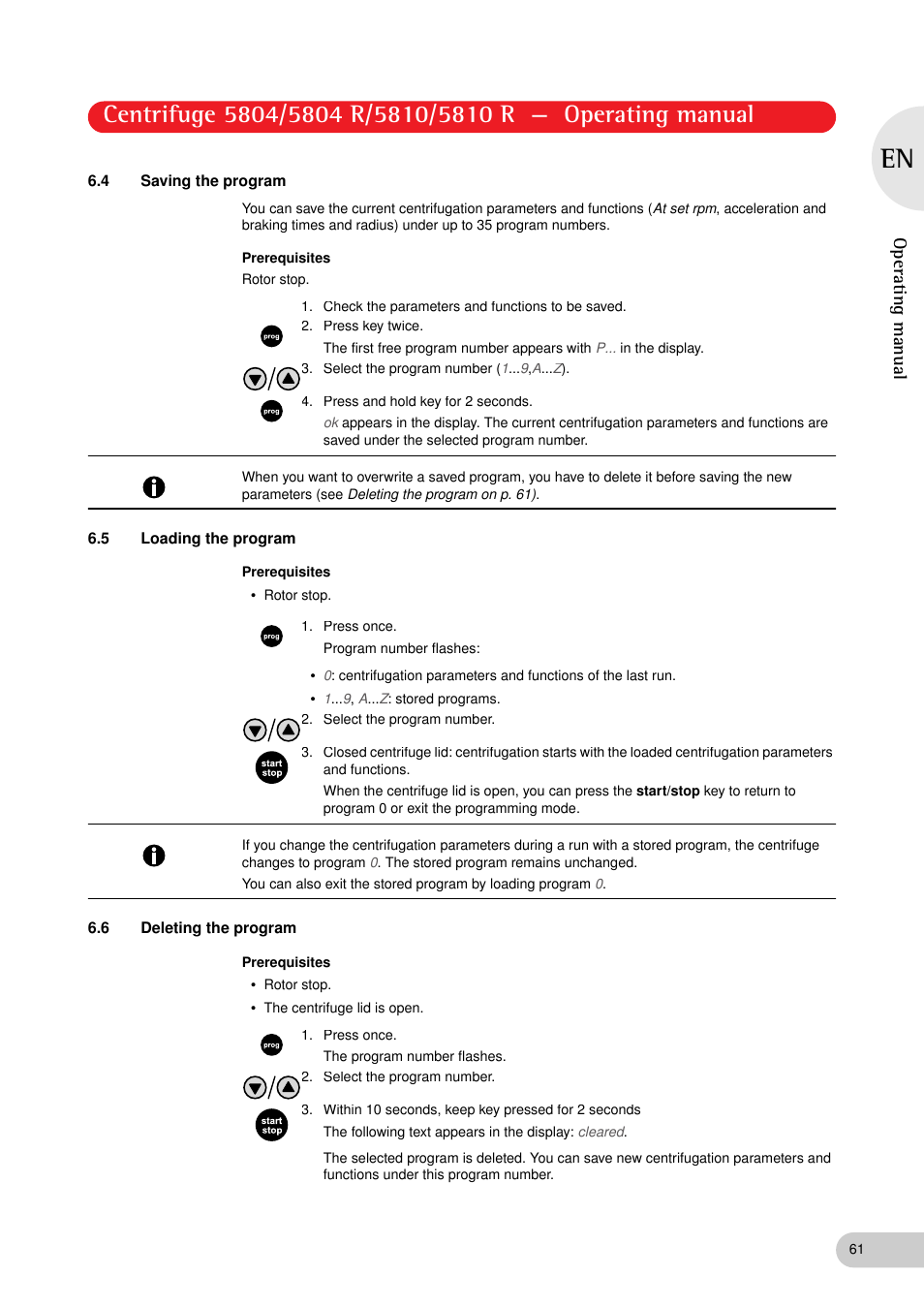 4 saving the program, 5 loading the program, 6 deleting the program | Operating manual | Eppendorf 5810 R Centrifuge User Manual | Page 61 / 95