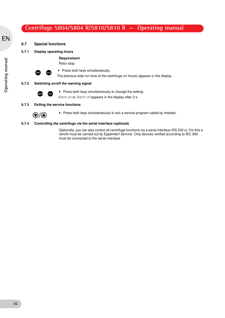 7 special functions, 1 display operating hours, 2 switching on/off the warning signal | 3 exiting the service functions | Eppendorf 5810 R Centrifuge User Manual | Page 62 / 95