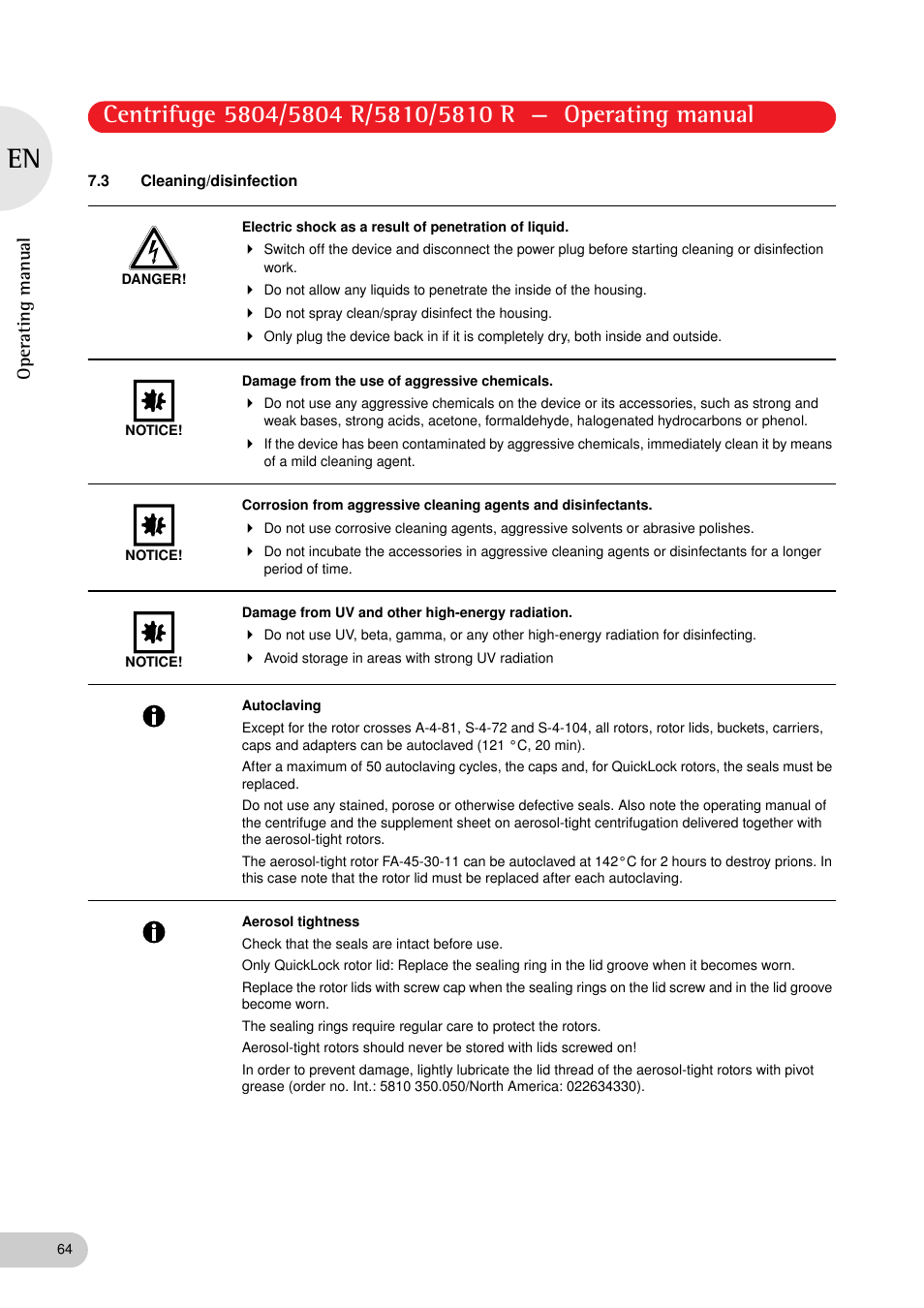 3 cleaning/disinfection, Operating manual | Eppendorf 5810 R Centrifuge User Manual | Page 64 / 95