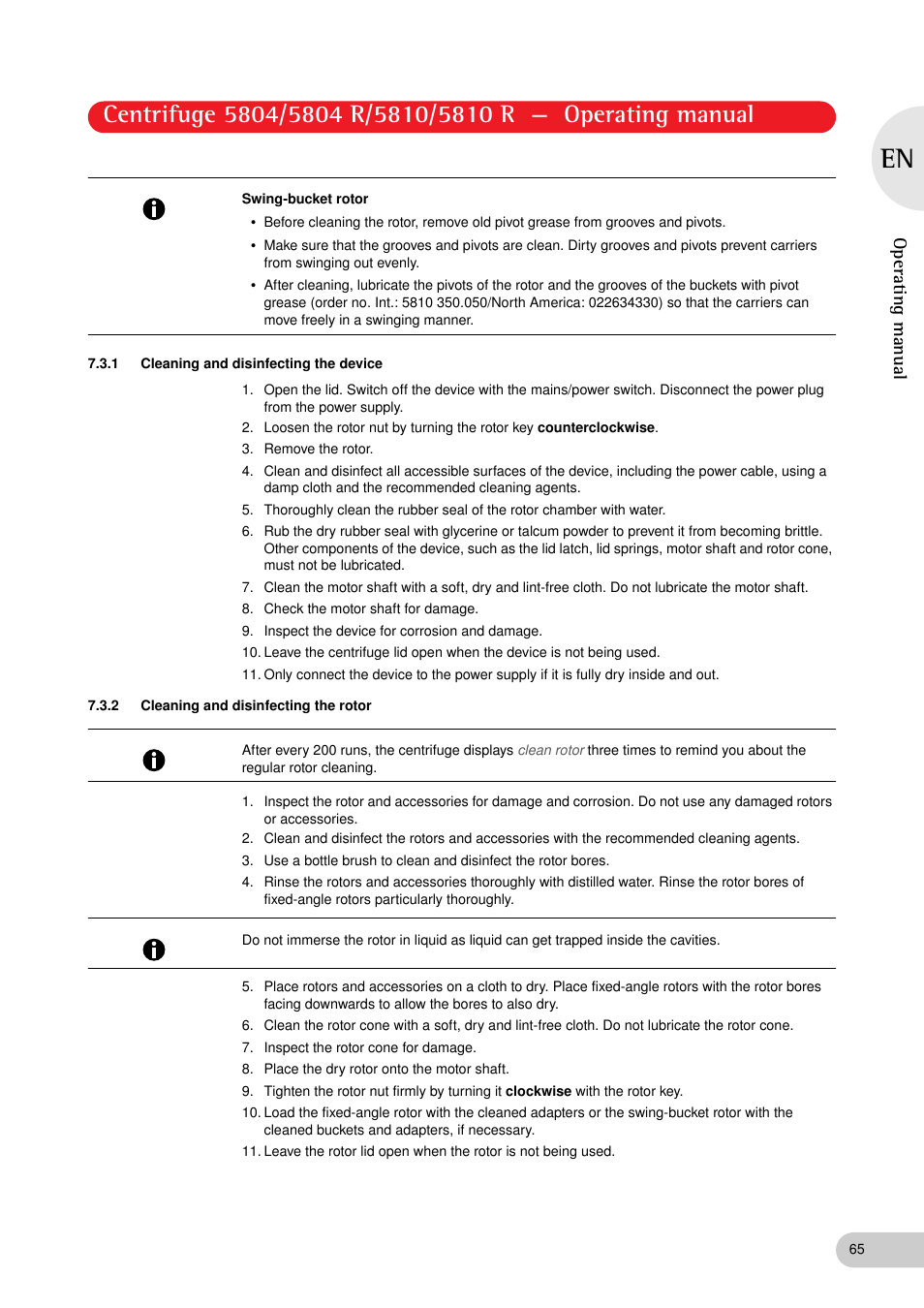 1 cleaning and disinfecting the device, 2 cleaning and disinfecting the rotor, Operating manual | Eppendorf 5810 R Centrifuge User Manual | Page 65 / 95