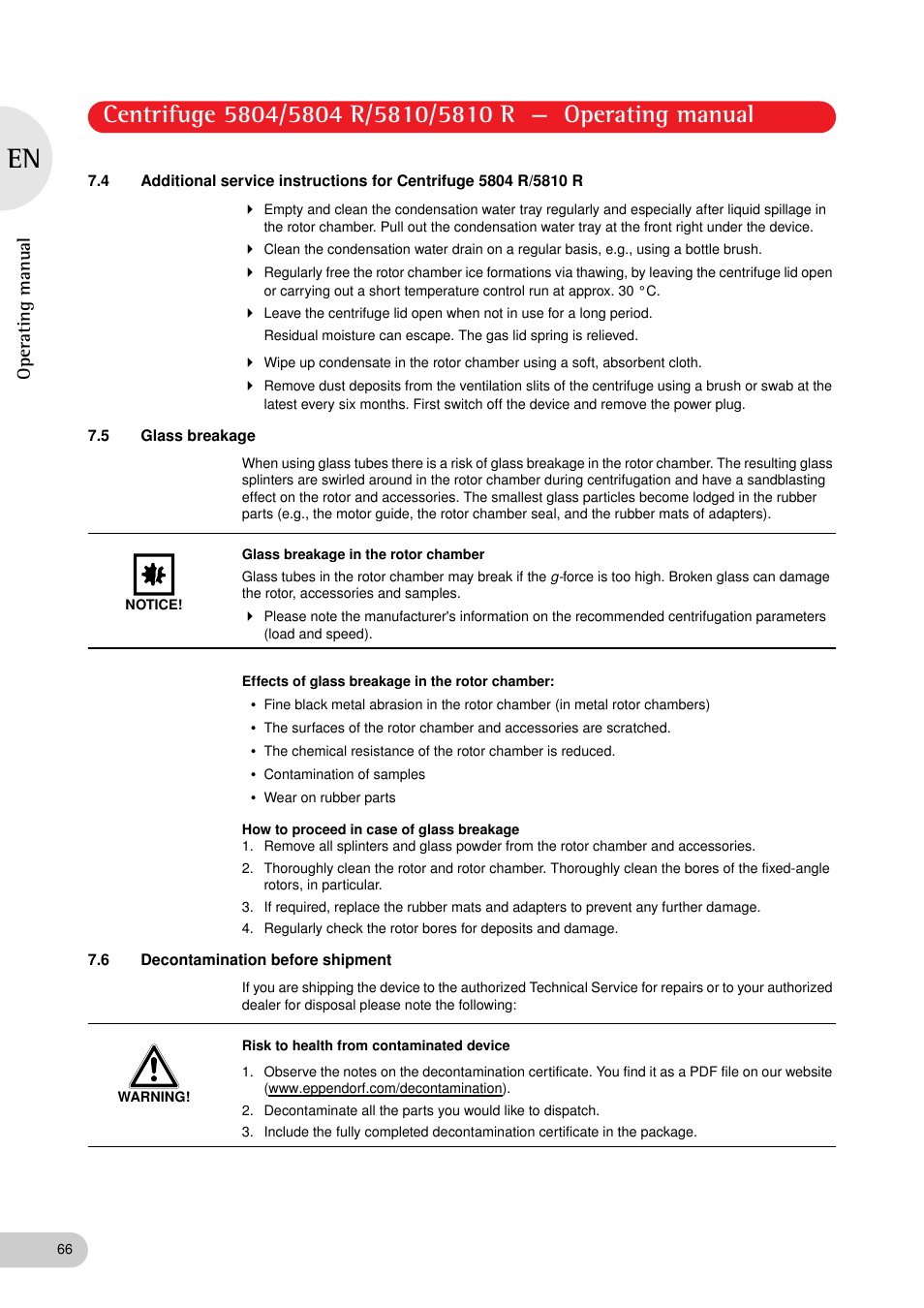 5 glass breakage, 6 decontamination before shipment | Eppendorf 5810 R Centrifuge User Manual | Page 66 / 95