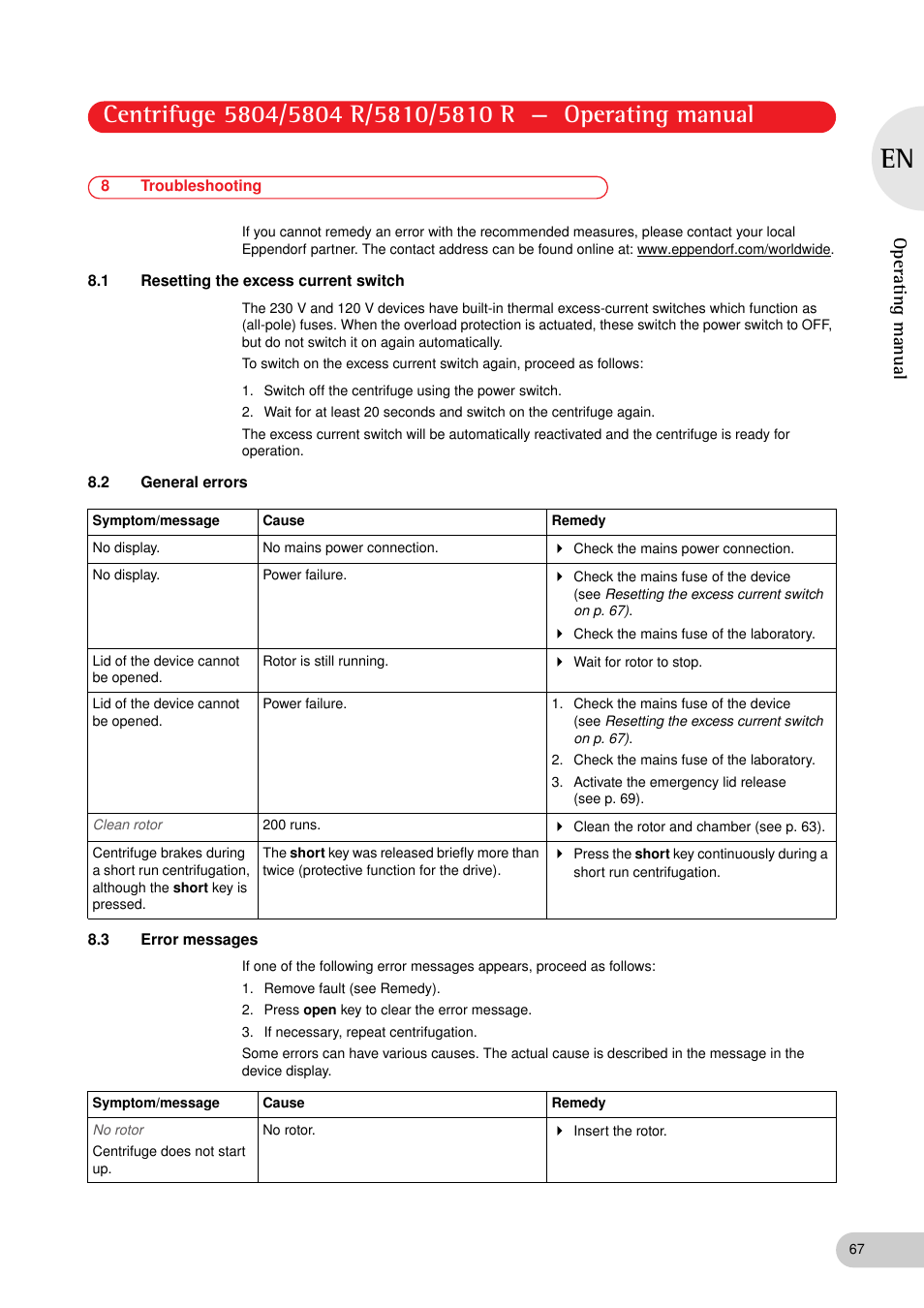 8 troubleshooting, 1 resetting the excess current switch, 2 general errors | 3 error messages, Operating manual | Eppendorf 5810 R Centrifuge User Manual | Page 67 / 95