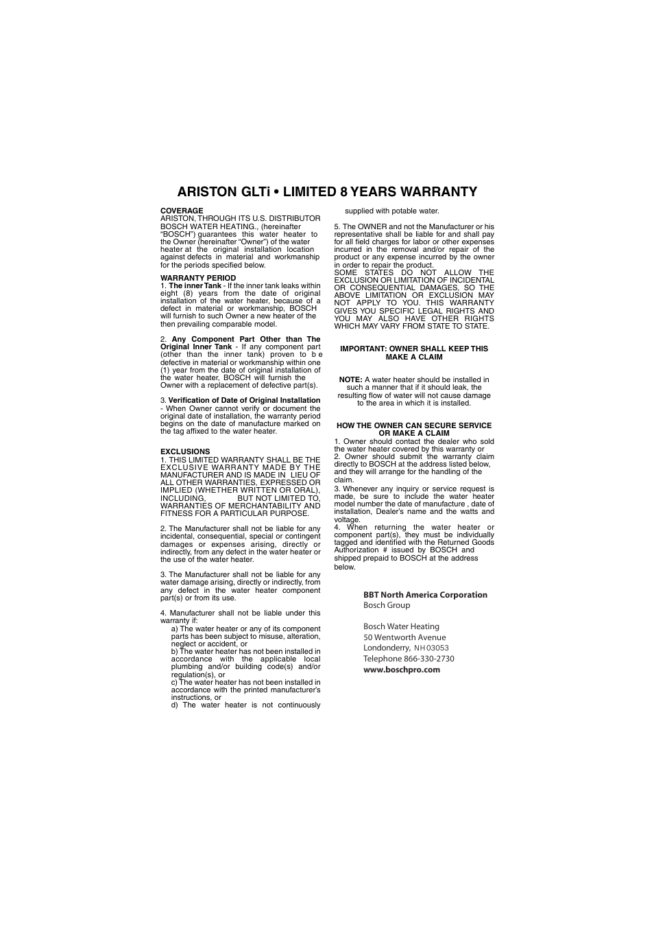 Ariston glti • limited 8 years warranty | Ariston GL 4 Ti User Manual | Page 12 / 13