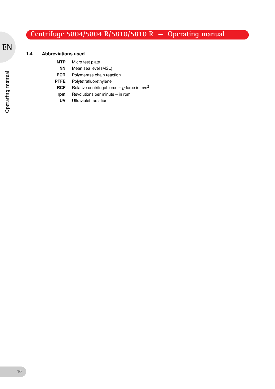 4 abbreviations used | Eppendorf 5810 R Centrifuge User Manual | Page 10 / 127