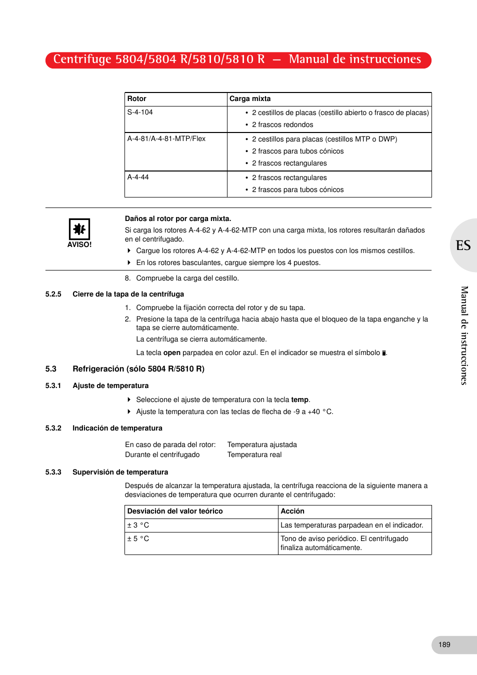 5 cierre de la tapa de la centrífuga, 3 refrigeración (sólo 5804 r/5810 r), 1 ajuste de temperatura | 2 indicación de temperatura, 3 supervisión de temperatura, Manual de instrucciones | Eppendorf 5810 R Centrifuge User Manual | Page 101 / 127