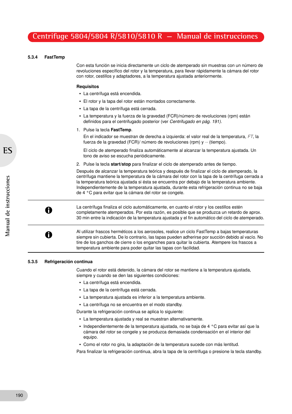 4 fasttemp, 5 refrigeración continua, Manual de instrucciones | Eppendorf 5810 R Centrifuge User Manual | Page 102 / 127