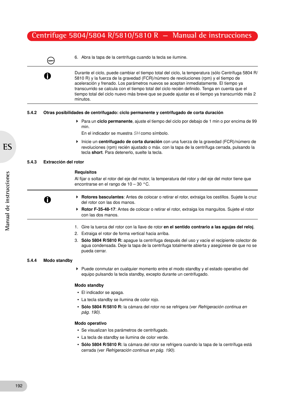 3 extracción del rotor, 4 modo standby, Manual de instrucciones | Eppendorf 5810 R Centrifuge User Manual | Page 104 / 127