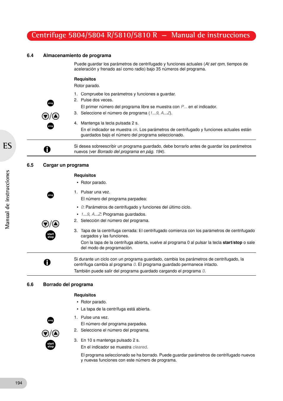 4 almacenamiento de programa, 5 cargar un programa, 6 borrado del programa | Manual de instrucciones | Eppendorf 5810 R Centrifuge User Manual | Page 106 / 127