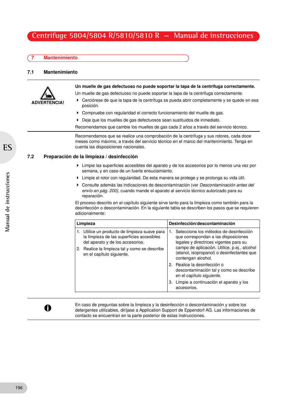 7 mantenimiento, 1 mantenimiento, 2 preparación de la limpieza / desinfección | Manual de instrucciones | Eppendorf 5810 R Centrifuge User Manual | Page 108 / 127