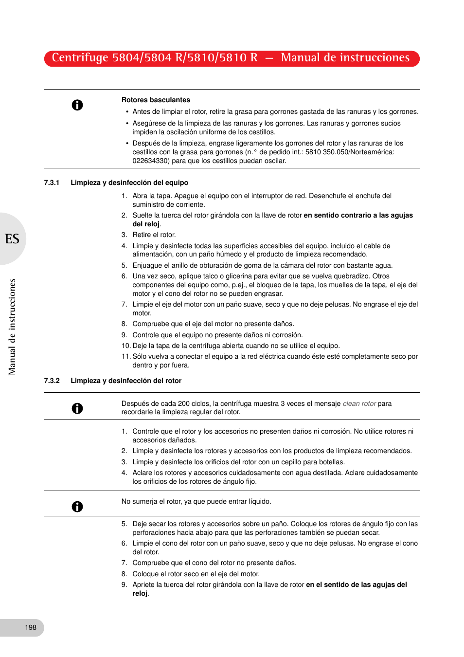 1 limpieza y desinfección del equipo, 2 limpieza y desinfección del rotor, Manual de instrucciones | Eppendorf 5810 R Centrifuge User Manual | Page 110 / 127