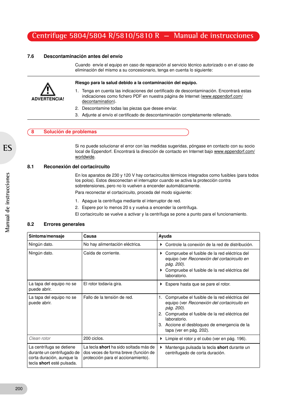 6 descontaminación antes del envío, 8 solución de problemas, 1 reconexión del cortacircuito | 2 errores generales, Manual de instrucciones | Eppendorf 5810 R Centrifuge User Manual | Page 112 / 127