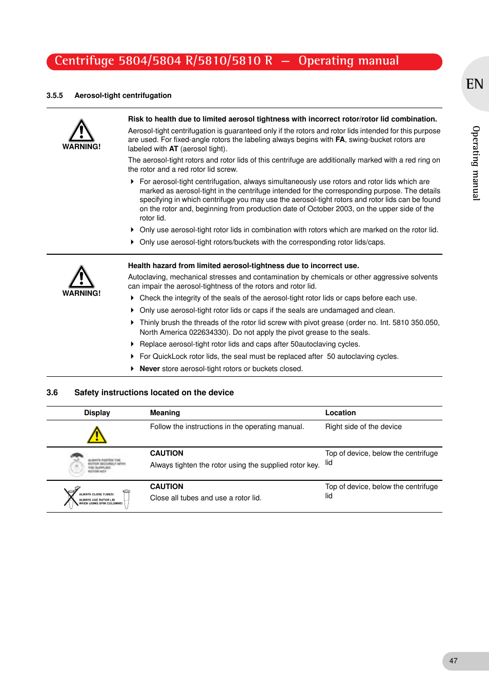 5 aerosol-tight centrifugation, 6 safety instructions located on the device | Eppendorf 5810 R Centrifuge User Manual | Page 47 / 127