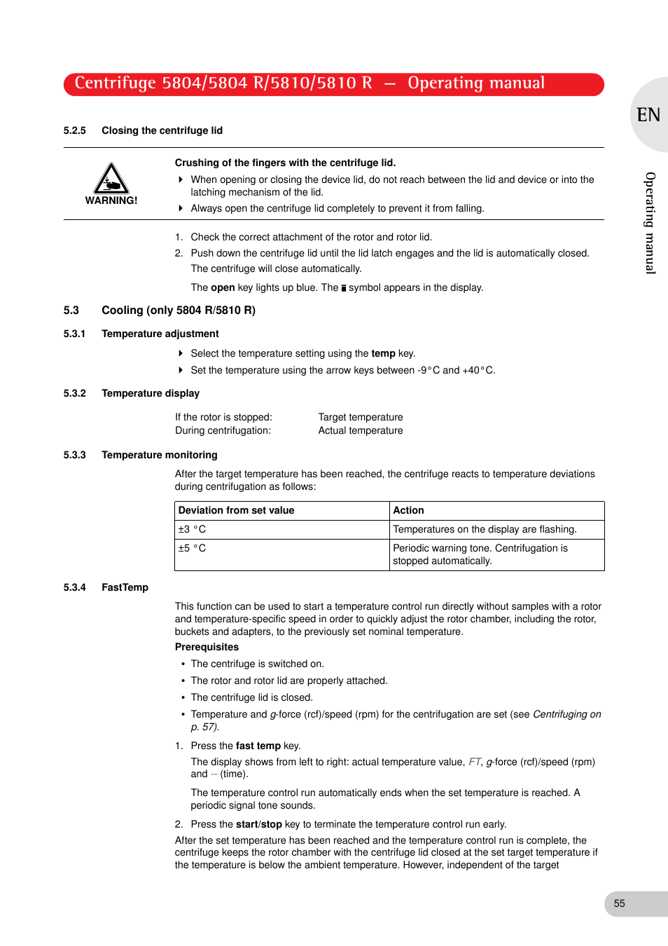 5 closing the centrifuge lid, 3 cooling (only 5804 r/5810 r), 1 temperature adjustment | 2 temperature display, 3 temperature monitoring, 4 fasttemp, Operating manual | Eppendorf 5810 R Centrifuge User Manual | Page 55 / 127