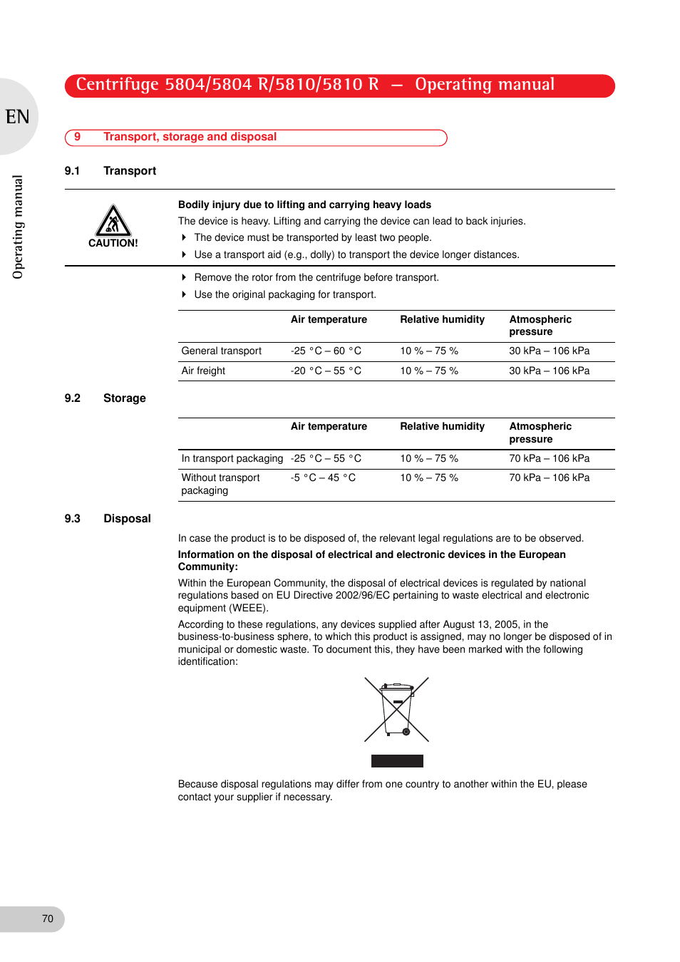 9 transport, storage and disposal, 1 transport, 2 storage | 3 disposal, Operating manual | Eppendorf 5810 R Centrifuge User Manual | Page 70 / 127