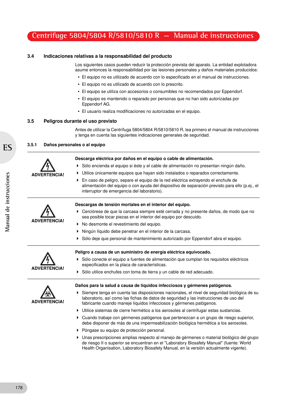5 peligros durante el uso previsto, 1 daños personales o al equipo | Eppendorf 5810 R Centrifuge User Manual | Page 90 / 127