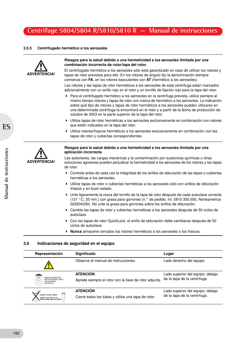 5 centrifugado hermético a los aerosoles, 6 indicaciones de seguridad en el equipo | Eppendorf 5810 R Centrifuge User Manual | Page 94 / 127