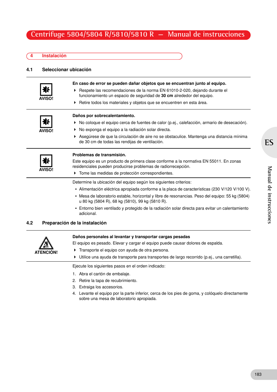 4 instalación, 1 seleccionar ubicación, 2 preparación de la instalación | Manual de instrucciones | Eppendorf 5810 R Centrifuge User Manual | Page 95 / 127