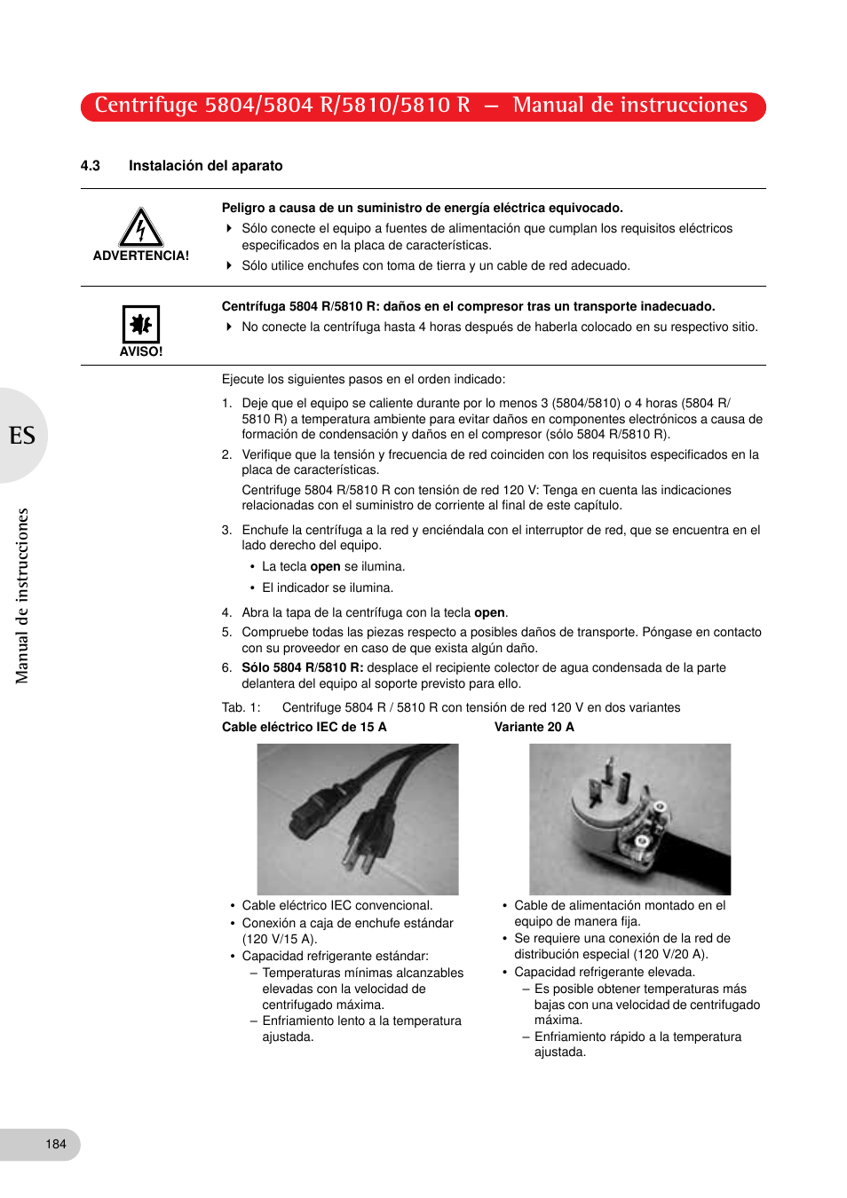 3 instalación del aparato, Manual de instrucciones | Eppendorf 5810 R Centrifuge User Manual | Page 96 / 127