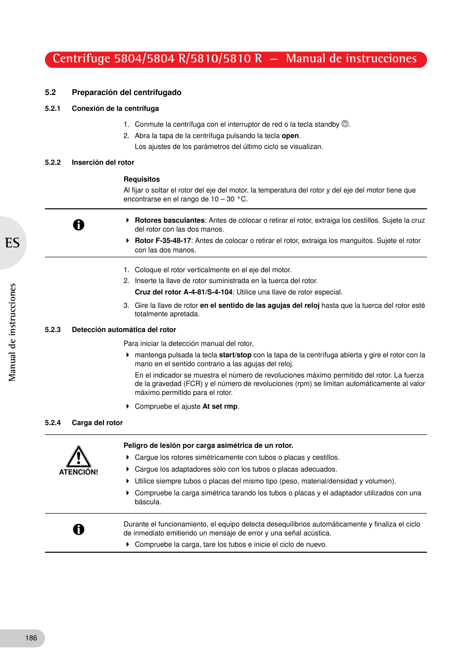 2 preparación del centrifugado, 1 conexión de la centrífuga, 2 inserción del rotor | 3 detección automática del rotor, 4 carga del rotor, Manual de instrucciones | Eppendorf 5810 R Centrifuge User Manual | Page 98 / 127