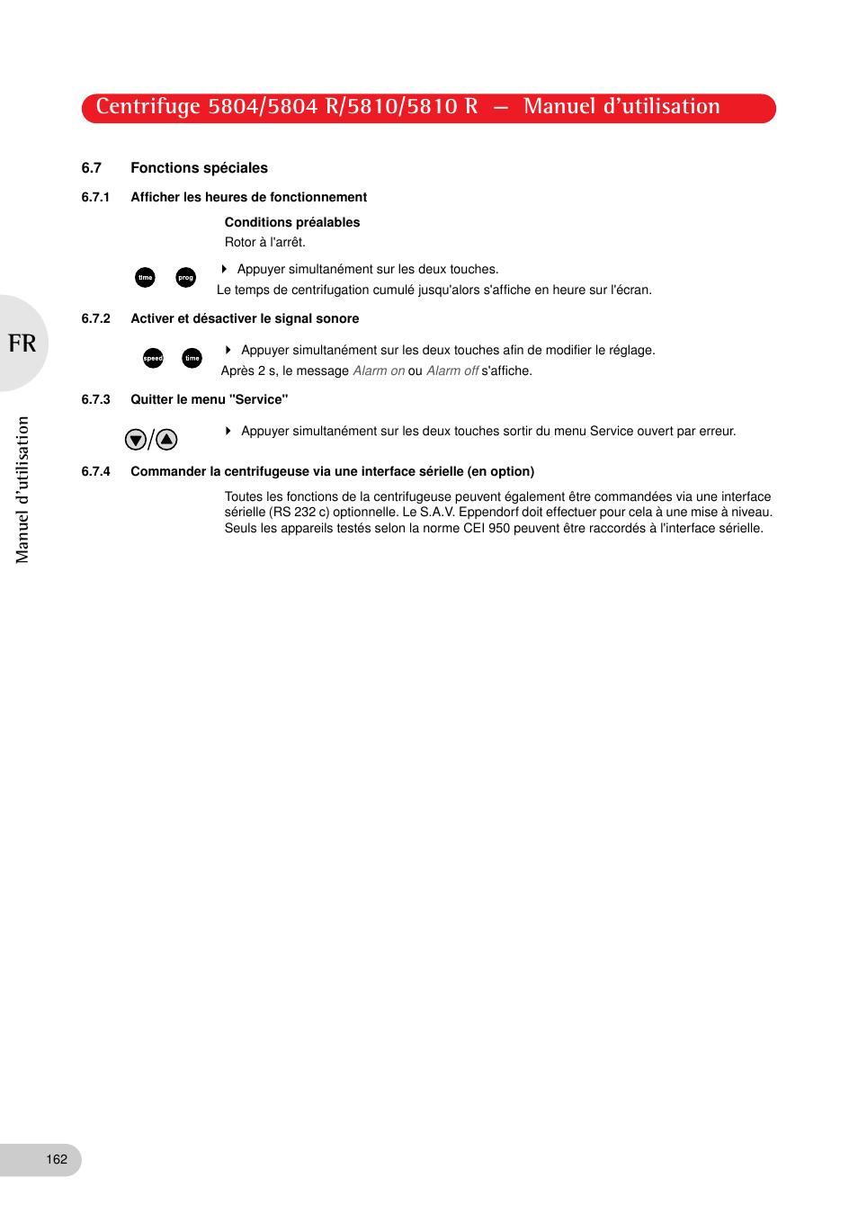 7 fonctions spéciales, 1 afficher les heures de fonctionnement, 2 activer et désactiver le signal sonore | 3 quitter le menu "service | Eppendorf 5810 R Centrifuge User Manual | Page 108 / 129