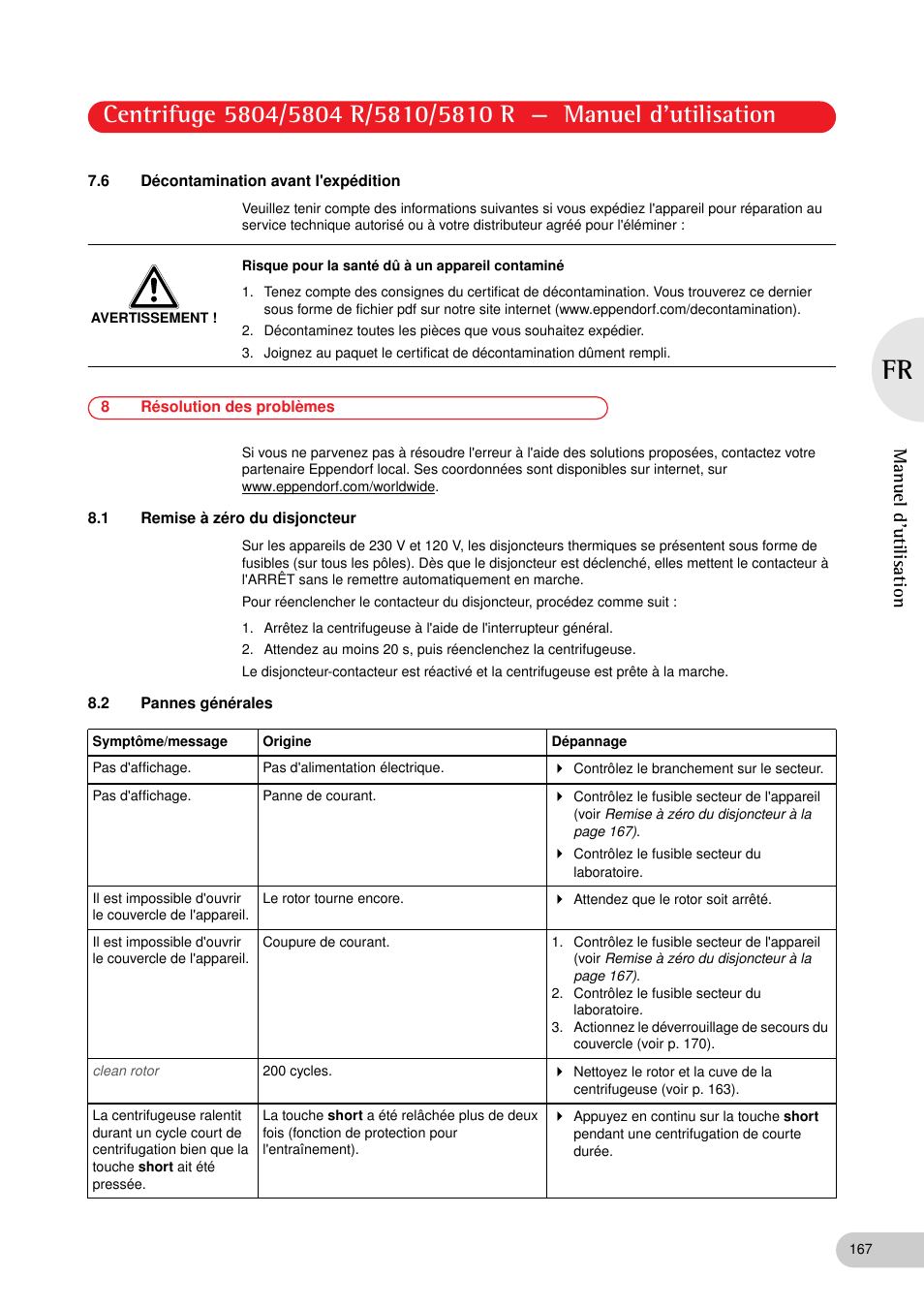 6 décontamination avant l'expédition, 8 résolution des problèmes, 1 remise à zéro du disjoncteur | 2 pannes générales, Manuel d'utilisation | Eppendorf 5810 R Centrifuge User Manual | Page 113 / 129