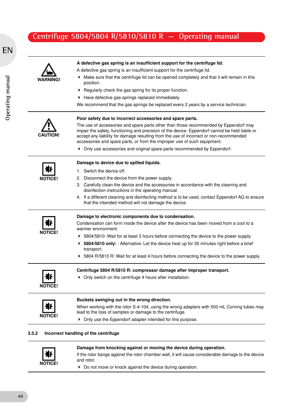 2 incorrect handling of the centrifuge, Operating manual | Eppendorf 5810 R Centrifuge User Manual | Page 44 / 129