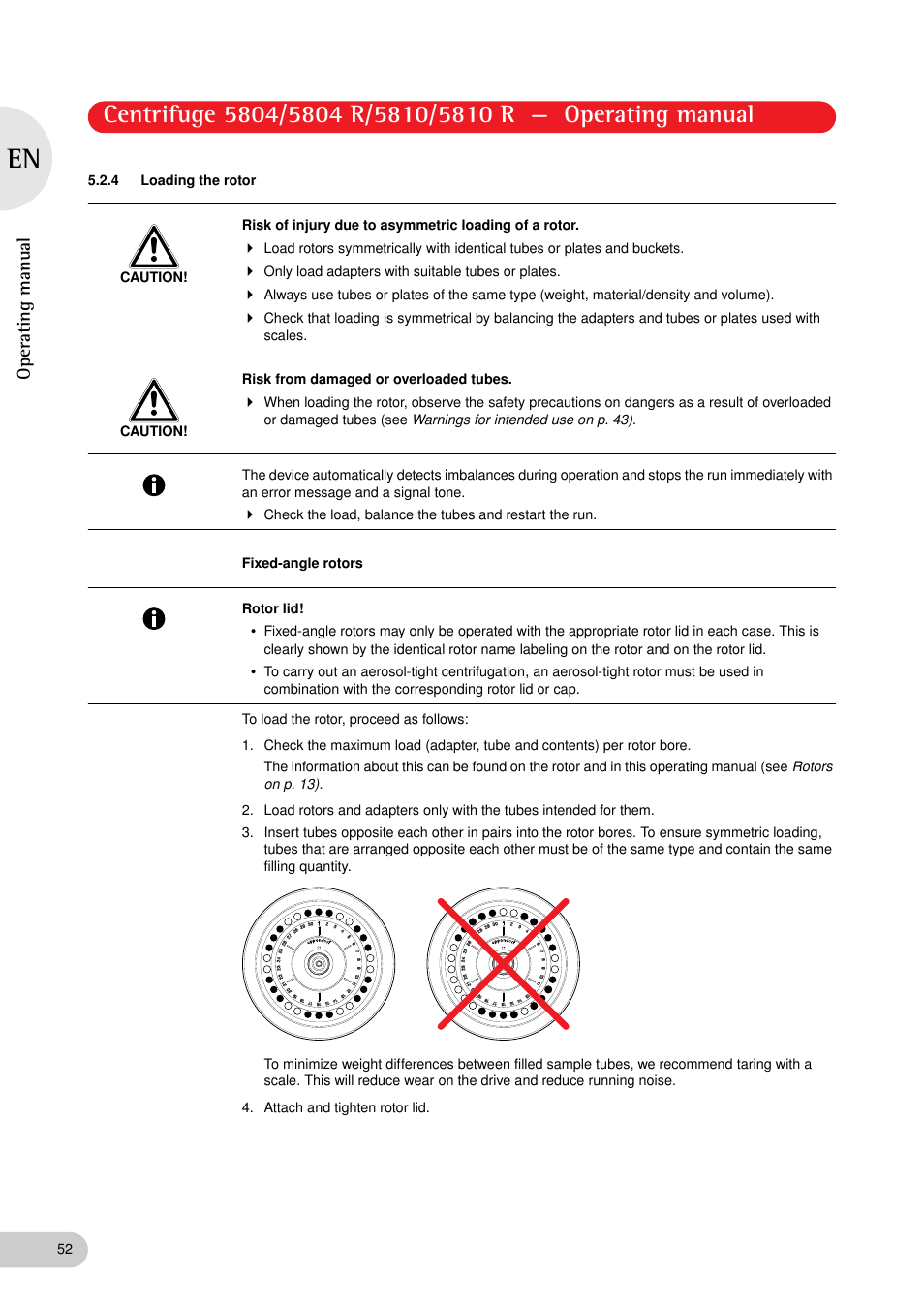 4 loading the rotor, Operating manual | Eppendorf 5810 R Centrifuge User Manual | Page 52 / 129