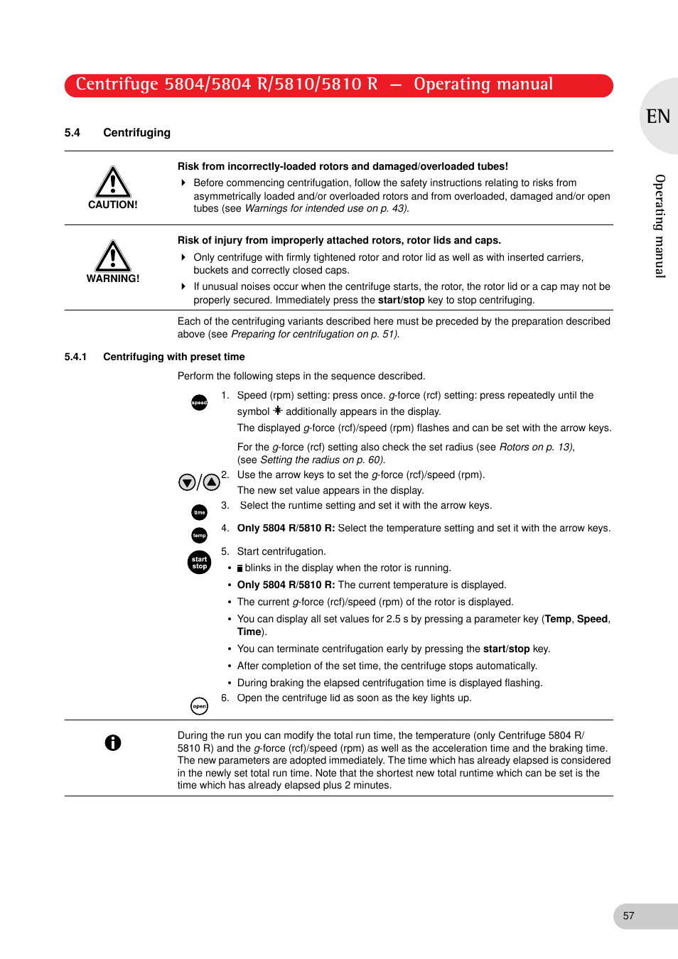 4 centrifuging, 1 centrifuging with preset time, Operating manual | Eppendorf 5810 R Centrifuge User Manual | Page 57 / 129