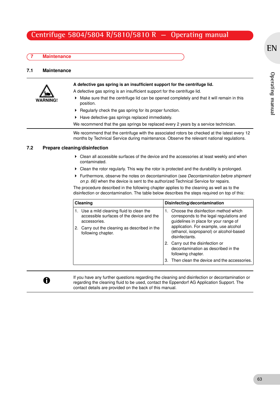 7 maintenance, 1 maintenance, 2 prepare cleaning/disinfection | Operating manual | Eppendorf 5810 R Centrifuge User Manual | Page 63 / 129