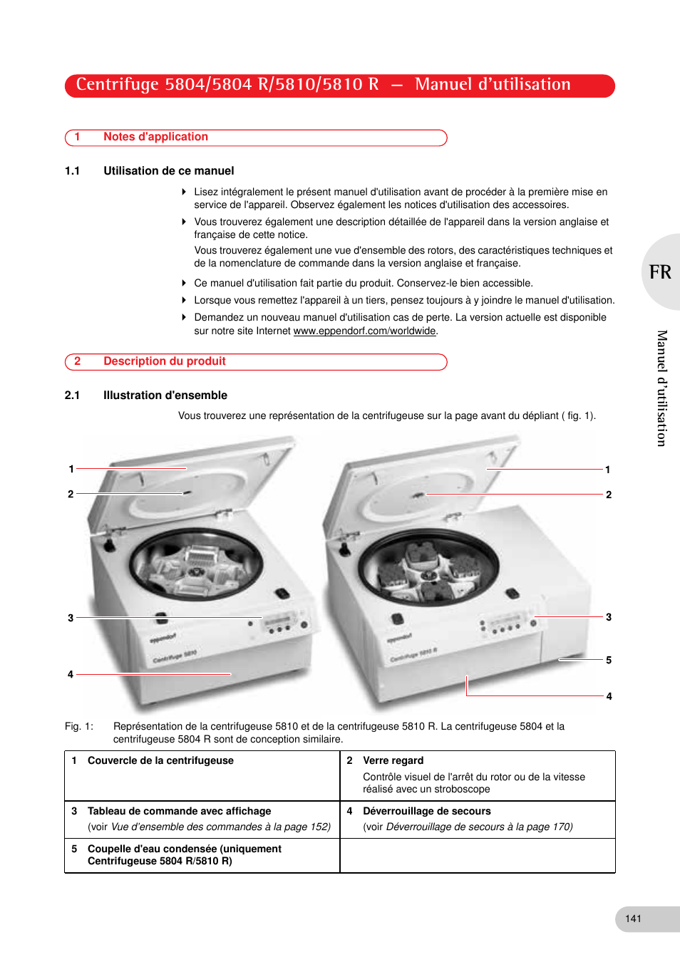 1 notes d'application, 1 utilisation de ce manuel, 2 description du produit | 1 illustration d'ensemble, Manuel d'utilisation | Eppendorf 5810 R Centrifuge User Manual | Page 87 / 129