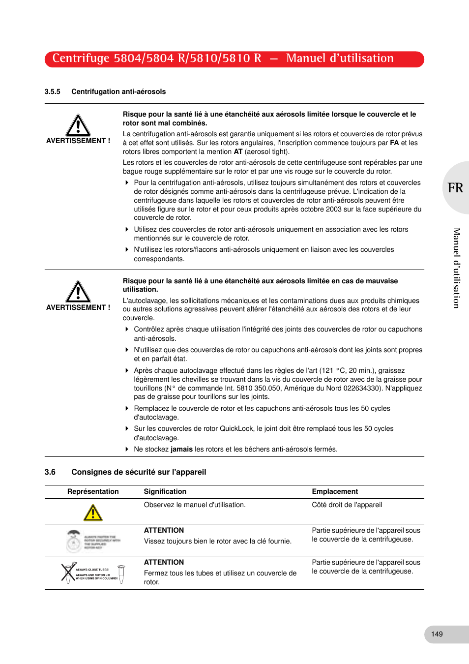 5 centrifugation anti-aérosols, 6 consignes de sécurité sur l'appareil | Eppendorf 5810 R Centrifuge User Manual | Page 95 / 129