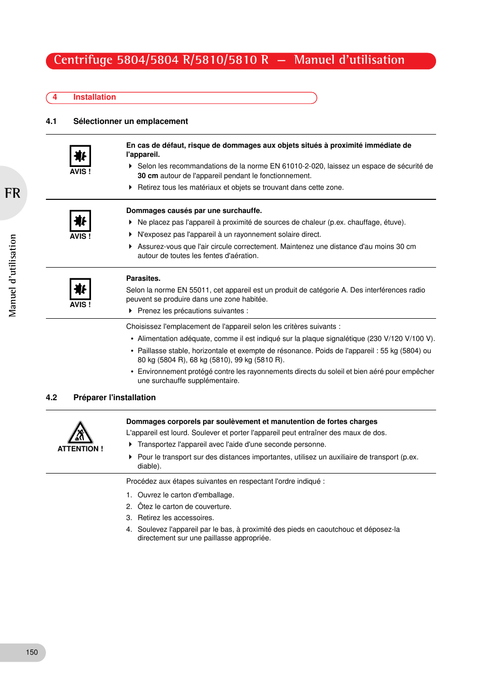 4 installation, 1 sélectionner un emplacement, 2 préparer l'installation | Manuel d'utilisation | Eppendorf 5810 R Centrifuge User Manual | Page 96 / 129